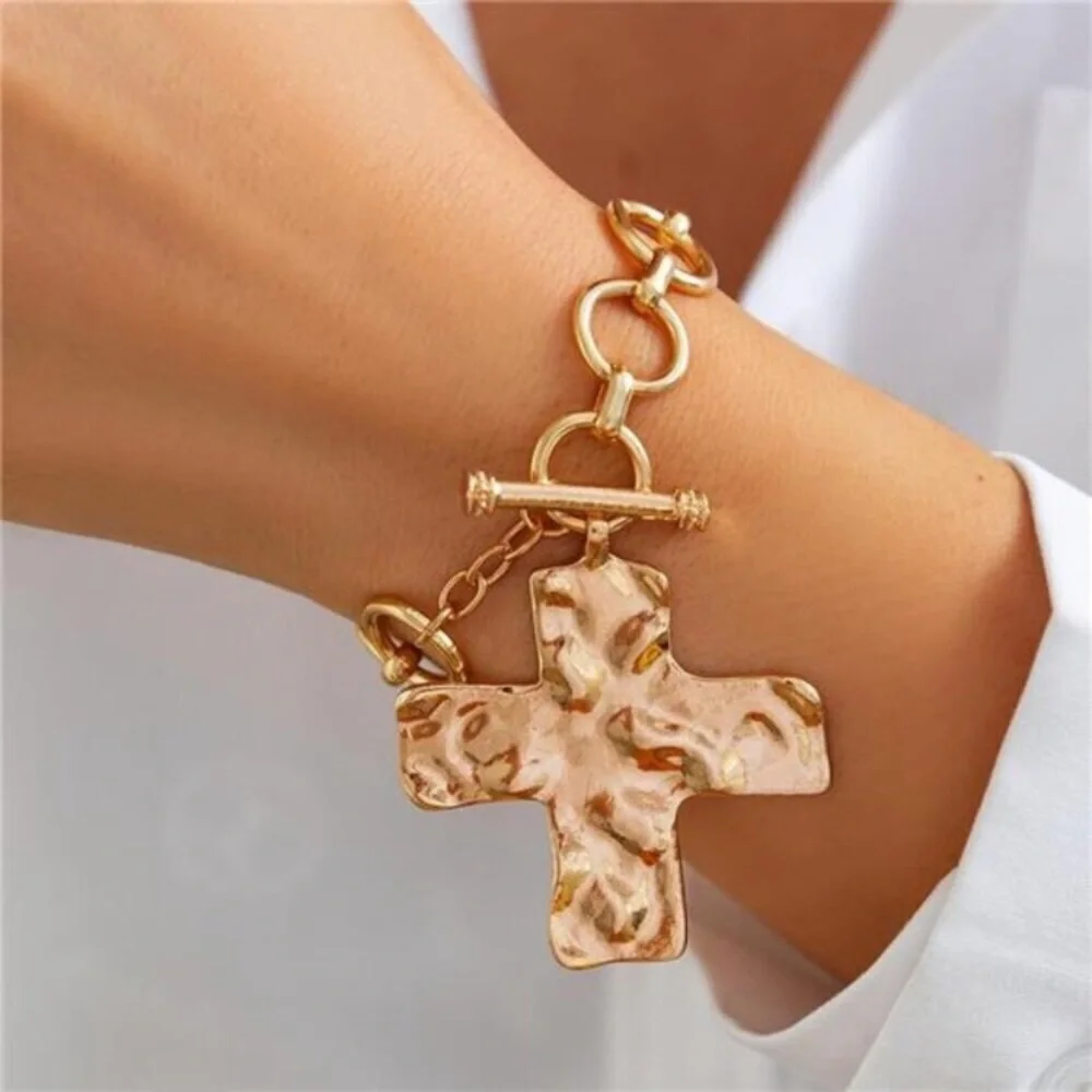 Chunky Big Hammered 24k Gold Plated Cross Bracelet Statement Faith Bracelet new